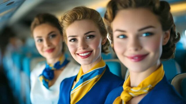 A vibrant image of three air hostesses lined up beside first-class seats, each with a unique hairstyle and confident smile, embodying global professionalism
