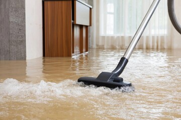 Removing flood water with a wet vacuum cleaner, water damage in a house, flooded home interior.