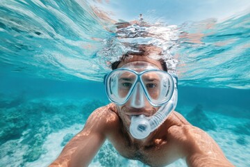 Fototapeta premium Man snorkeling underwater, taking a selfie in crystal clear, blue tropical ocean, near coral reef.