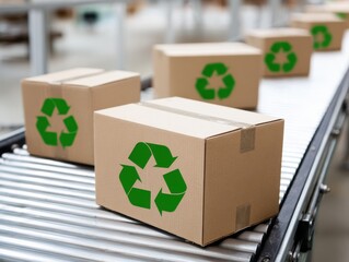 Cardboard boxes with recycle symbol on conveyor belt, sustainable packaging and eco-friendly shipping.