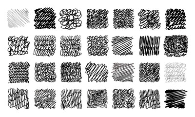 Twenty eight different hand-drawn textures imitating various graphic tools. Doodles and squiggles. Vector set