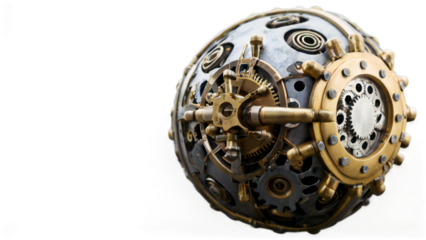 Complex Steampunk Sphere with Gears and Pipes in Brass and Silver Tones on Transparent Background Intricate steampunk sphere featuring gears