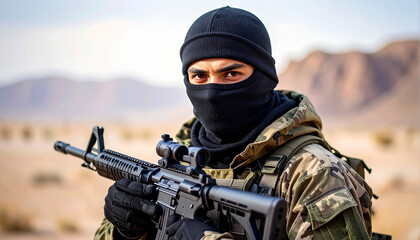 Middle East Soldier Wearing Black Balaclava and Camo Field Attire Holding Rifle