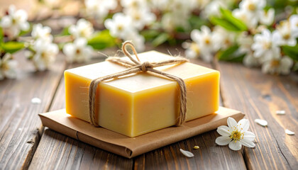 Natural Soap Bar Wrapped in Kraft Paper on Neutral Background – Eco-Friendly Skincare Product