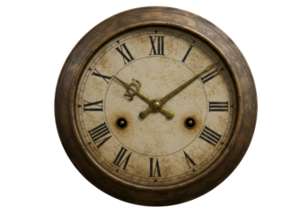 Isolated Antique Brass Clock with Roman Numerals