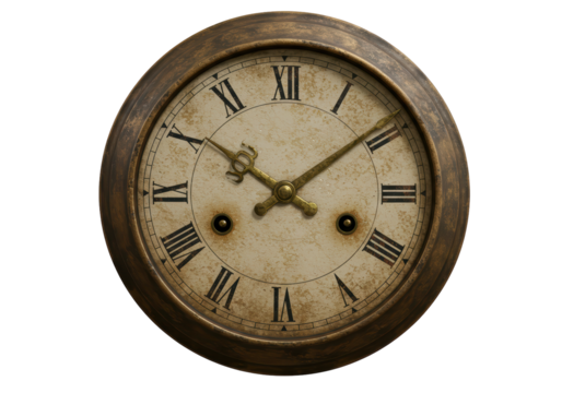 Isolated Antique Brass Clock with Roman Numerals