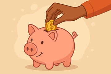 Saving money for the future. African American woman's hand puts a gold dollar coin into a piggy bank. Concept of investment, deposit, financial planning, and budget management.