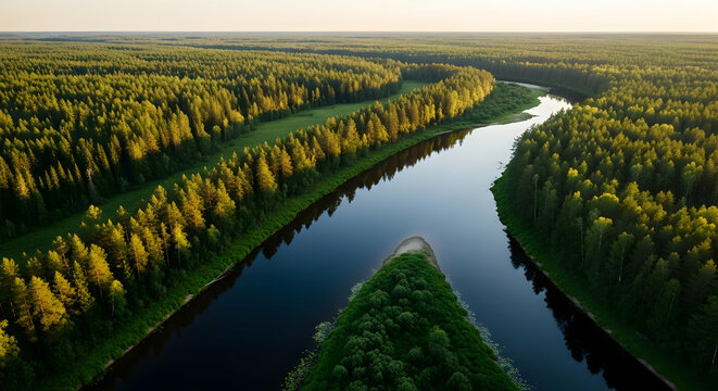 Aerial View Captures Serene River Bending Through Lush Forest At Sunset
