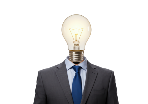 Isolated Businessman with Light Bulb Head in Gray Suit - Powered by Adobe