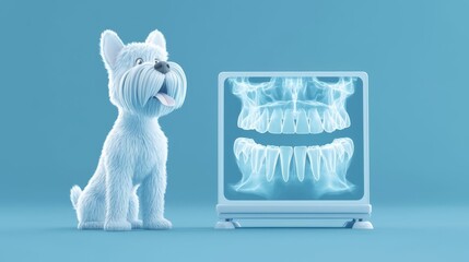 A cute dog sits beside an X-ray machine displaying its teeth, illustrating pet dental care and health awareness.