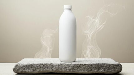 Elegant white bottle on a stone base, emitting vapor, perfect for showcasing modern beverage concepts.