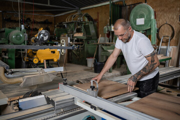 Carpenter cutting wooden plank using table saw in workshop