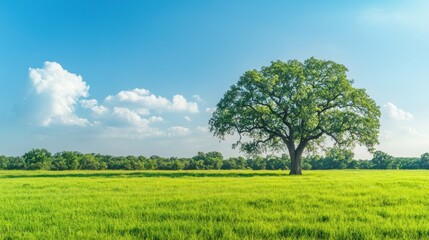 Green field with single tree under blue sky