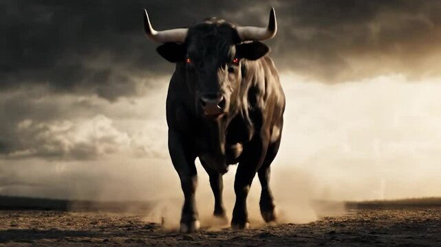 full figure of a mighty black bull with red eyes in attack position with a smooth shiny coat and sharp horns