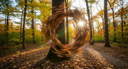 Fototapeta premium Autumnal Vortex: A Sun-Kissed Dance of Leaves in the Enchanted Forest