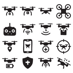 Collection of Black Drone Icons Various Flight Modes and Controls.