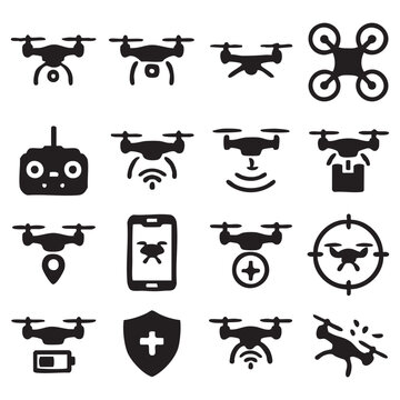 Collection of Black Drone Icons Various Flight Modes and Controls.
