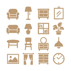 Beige Furniture Icons Armchair Lamps Dressers Mirror Bookshelf Plant Table Chair.