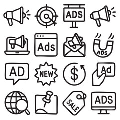 Black and white advertising icons with megaphone target ads sale and globe.