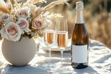 Romantic outdoor setting with two flutes of sparkling wine, a bottle with blank mockup label and a soft bouquet of blush roses and dried grasses