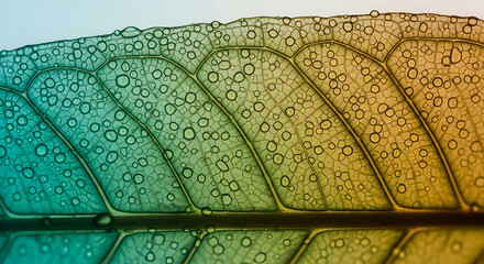 Luminous Leaf Veins Displaying Water Droplets Under Light With Reflection