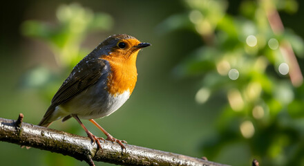 European Robin Perched on Branch Enjoying The Early Morning Sun Light