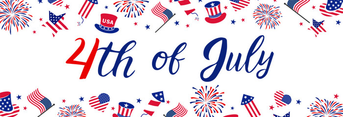 Happy 4th july Independence Day background . Red, blue fireworks for 4th of July . Fourth of July banner . United States of America celebration  border or greeting card. USA patriotic lettering .