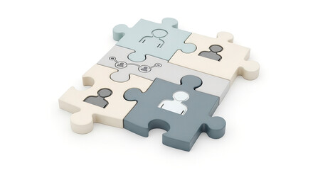 Conceptual image of teamwork and collaboration represented by interlocking puzzle pieces with human icons