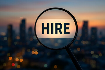 Recruitment concept hire word seen through a magnifying glass over cityscape at sunset illustrating job search and employment