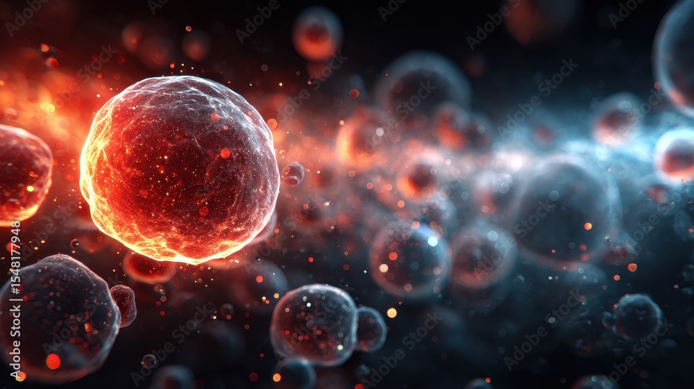 Poster floating organic cells with red and blue hues depict biological processes in a microscopic environme