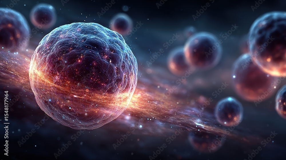 Poster floating organic cells with red and blue hues depict biological processes in a microscopic environme