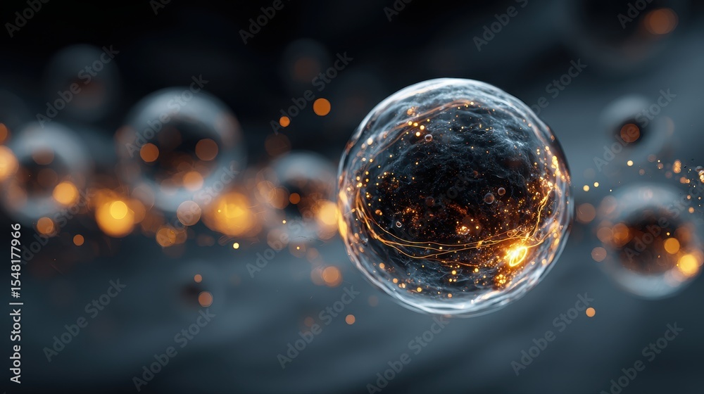 Poster floating organic cells with red and blue hues depict biological processes in a microscopic environme
