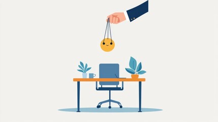 A hand holding a smiling emoji over a desk with plants, a computer, and a chair, symbolizing positivity in the workplace.