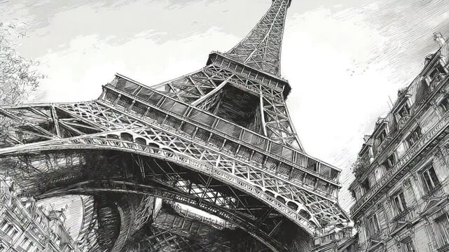 Elegant black and white animated repeating pattern of the Eiffel Tower Paris France