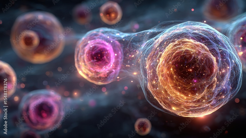 Poster floating organic cells with red and blue hues depict biological processes in a microscopic environme