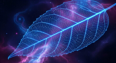Naklejka premium Neon Leaf Veins Floating In Distant Galaxies Abstract Illustration
