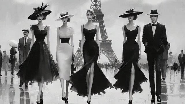 Elegant Black and White Fashion Show in Paris with Eiffel Tower Backdrop