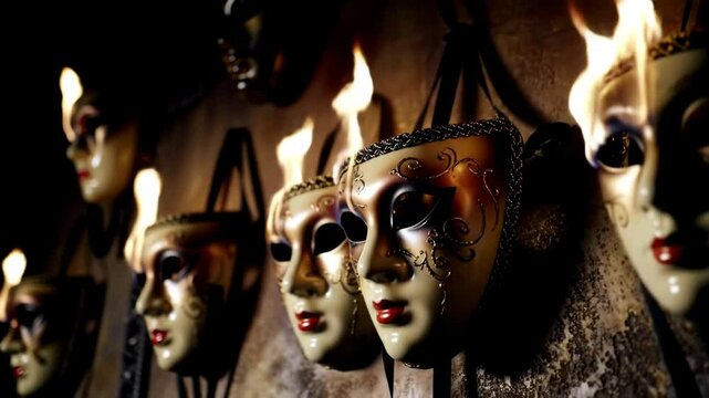 Angled close-up of a row of ornate theatrical masks on fire, illuminated by their own flames in a dark setting