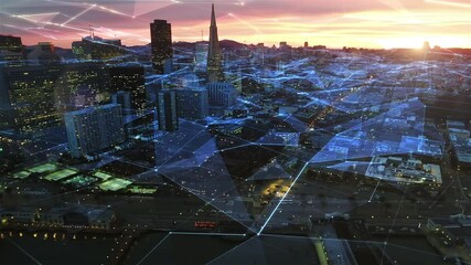 Aerial Smart City with Communication Network. Telecommunications. Networks, Signals, Connections Passing Through Streets. San francisco, United States. Sunset. - Powered by Adobe