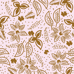 Artistic simple branches flowers peonies, dahlia and buds with leaves seamless pattern. Vector hand drawn. Retro, vintage, pastel print. Template for design, fabric, fashion, wallpaper, textile
