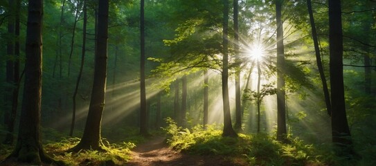 Fototapeta premium Beautiful rays of sunlight in a green forest