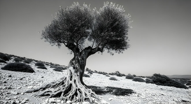 Ancient Olive Tree Stands Alone on Rocky Landscape Black And White