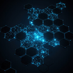Obraz premium Abstract network with glowing blue light shows technology connection. futuristic hexagon structure representing data and communication systems with mysterious and complex feel