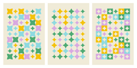 Abstract geometric retro pattern in mid-century modern style with elements of Scandinavian minimalism. Isolated Swiss summer Posters Set with simple shapes on white background. Vector Eps10