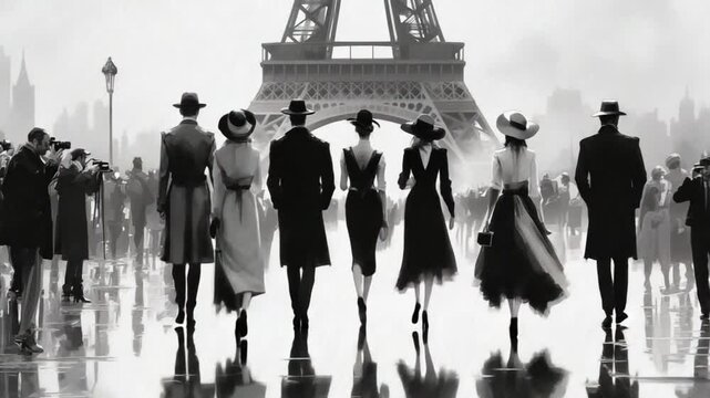 Elegant Crowd in Paris: Black and White Fashion Illustration with Eiffel Tower Backdrop
