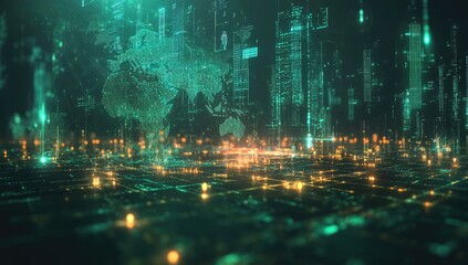Futuristic cityscape overlaid with global data