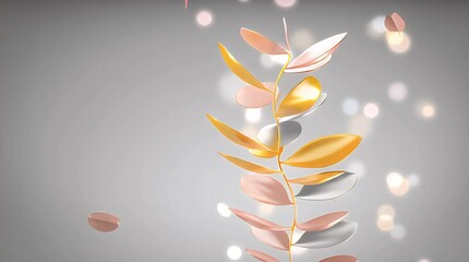 Golden and pink metallic leaves rotating on white background