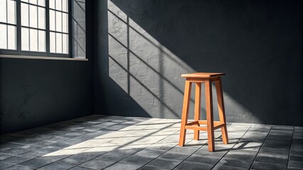 Wooden Stool in Dark Room with Long Shadows – Minimalist Interior Concept with Dramatic Lighting