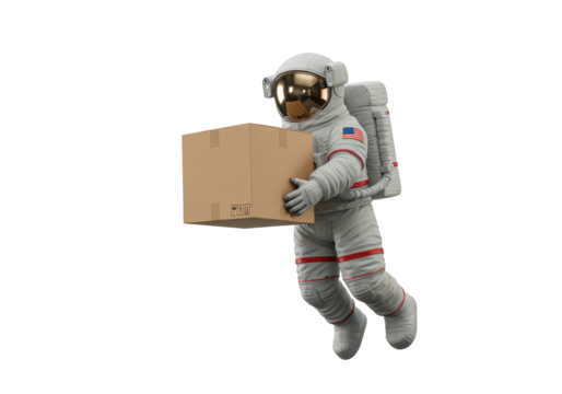 Isolated Astronaut Delivering Package in Zero Gravity