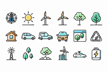 Eco-Friendly Energy Icon Set – Solar Panel, Wind Turbine, Electric Car